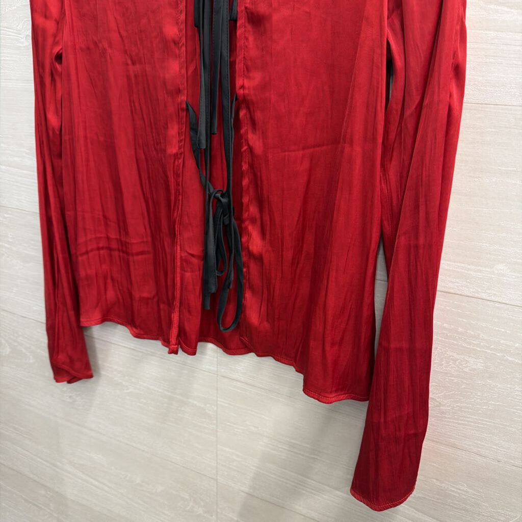 Free People Silky Red Long Sleeve Bow Tie Back Long Sleeve Top Medium