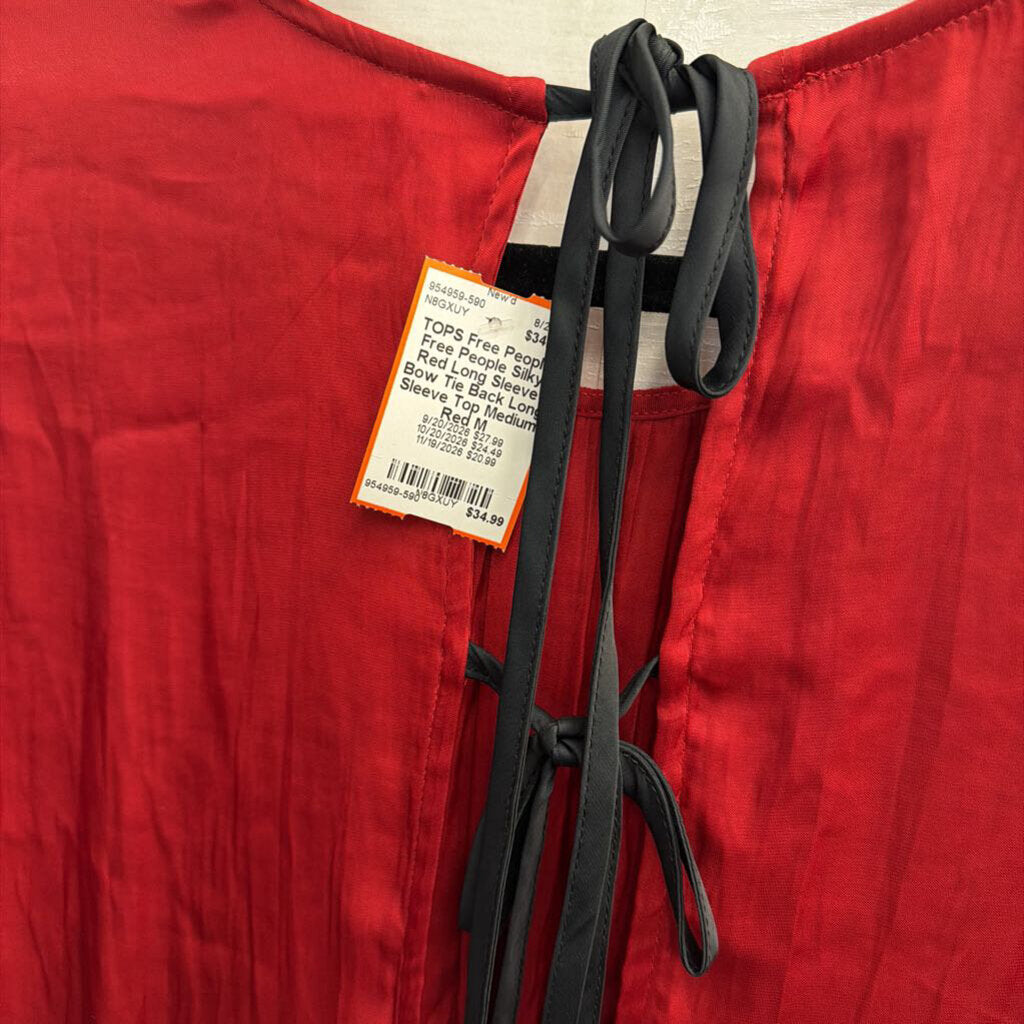 Free People Silky Red Long Sleeve Bow Tie Back Long Sleeve Top Medium