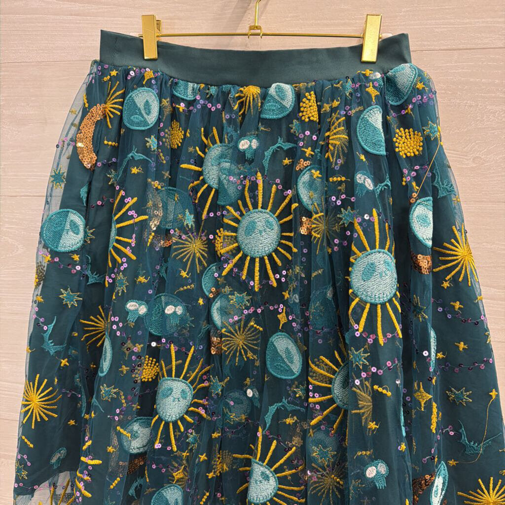 Disney Teal/ Multi Jack Skellington Sequin Embroidered Midi Skirt Medium