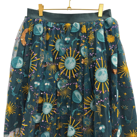 Disney Teal/ Multi Jack Skellington Sequin Embroidered Midi Skirt Medium