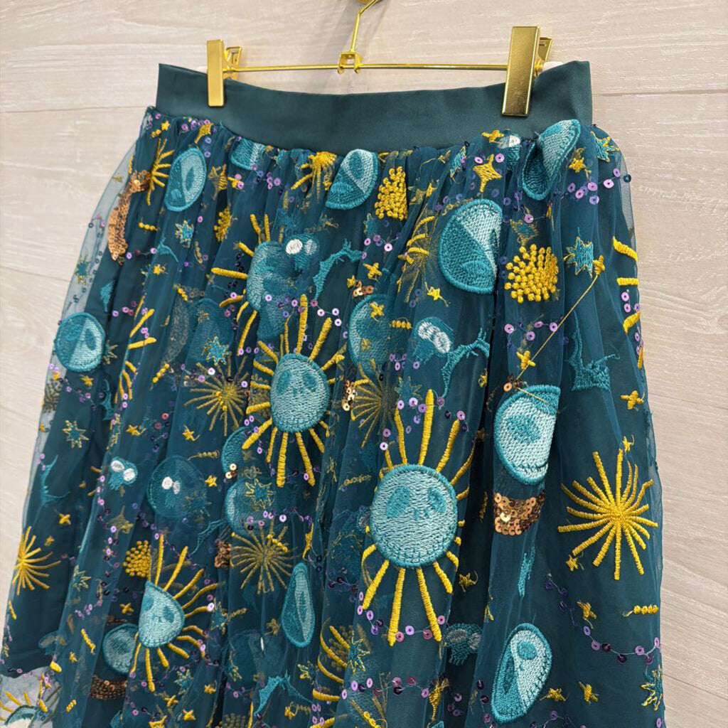 Disney Teal/ Multi Jack Skellington Sequin Embroidered Midi Skirt Medium
