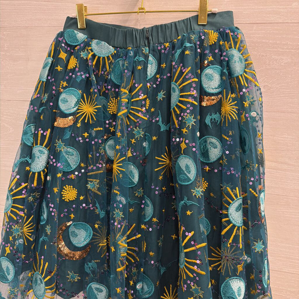 Disney Teal/ Multi Jack Skellington Sequin Embroidered Midi Skirt Medium