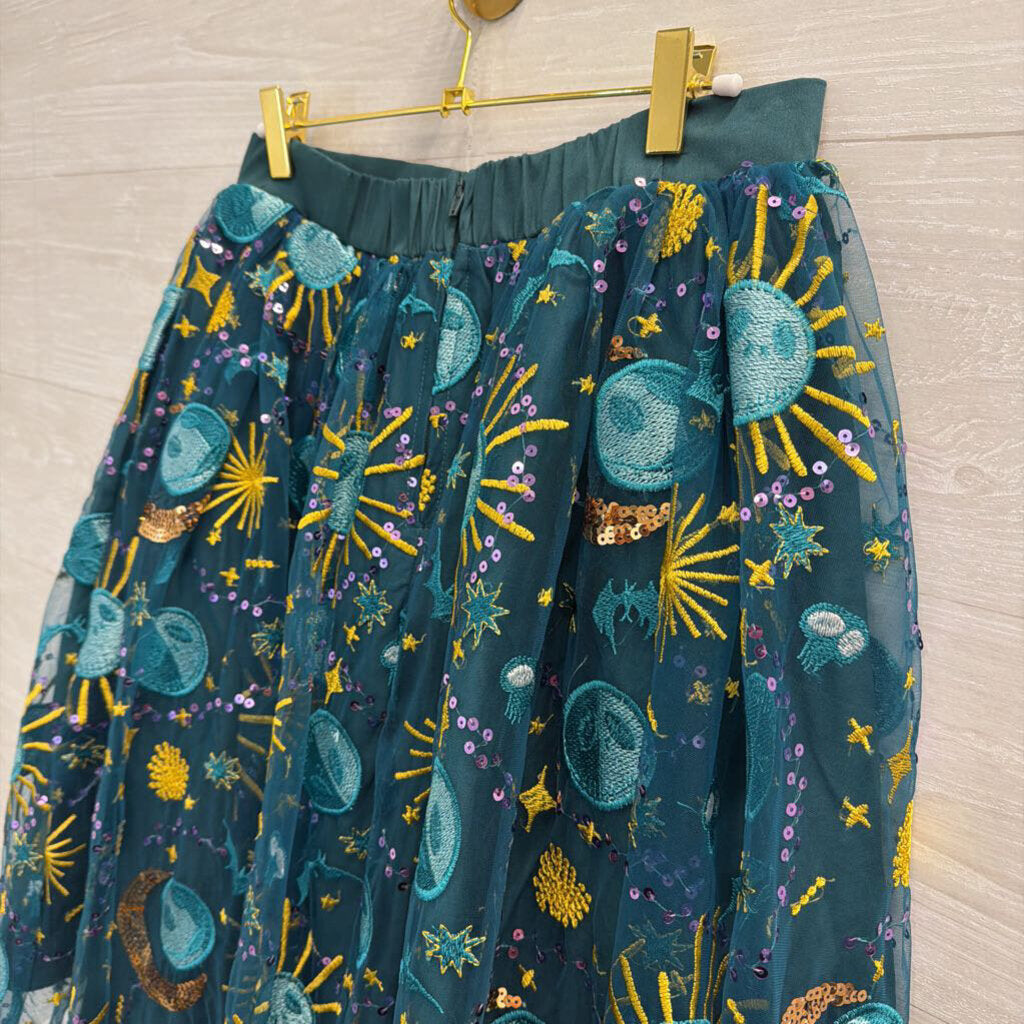 Disney Teal/ Multi Jack Skellington Sequin Embroidered Midi Skirt Medium