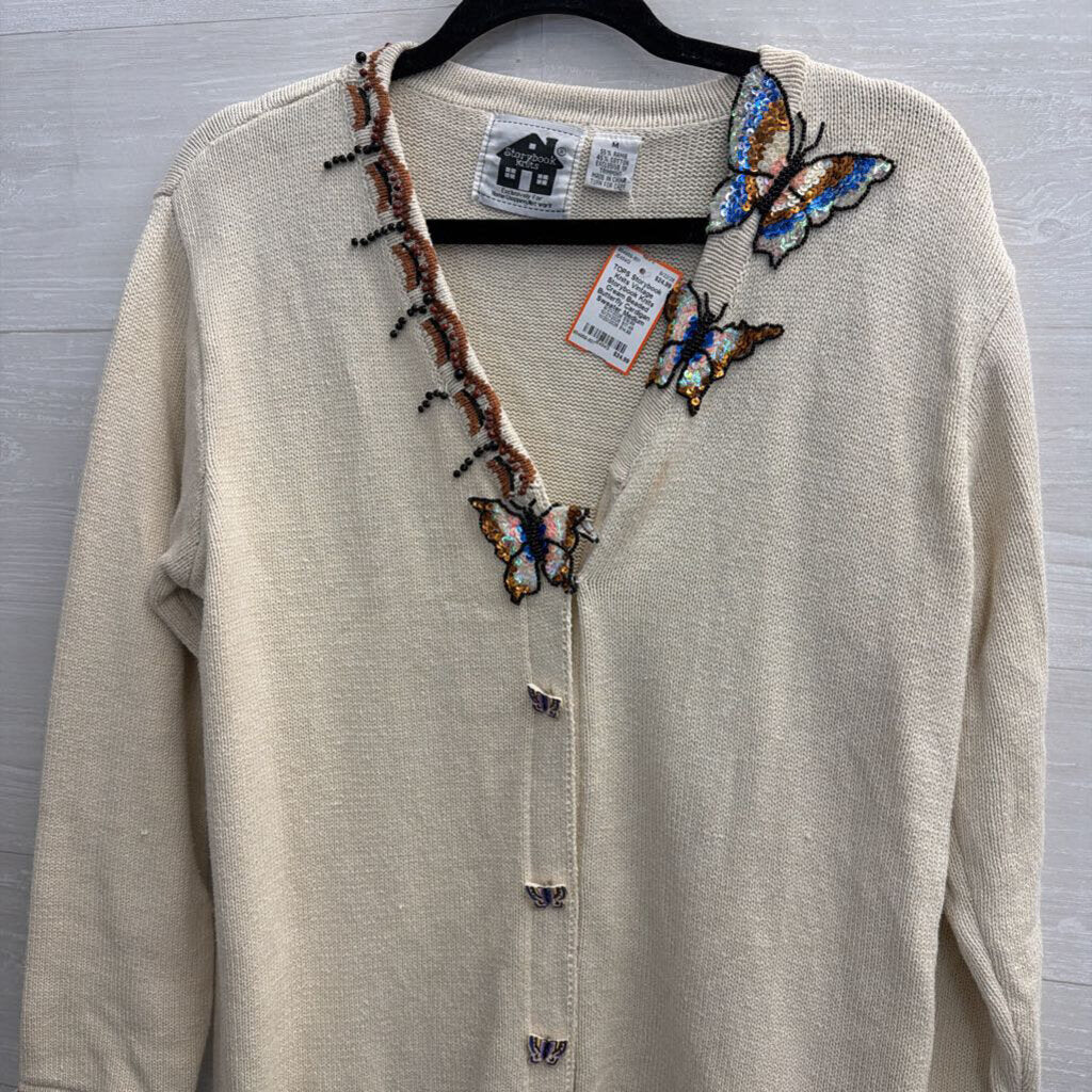 Vintage Storybook Knits Cream Beaded Butterfly Cardigan Sweater Medium