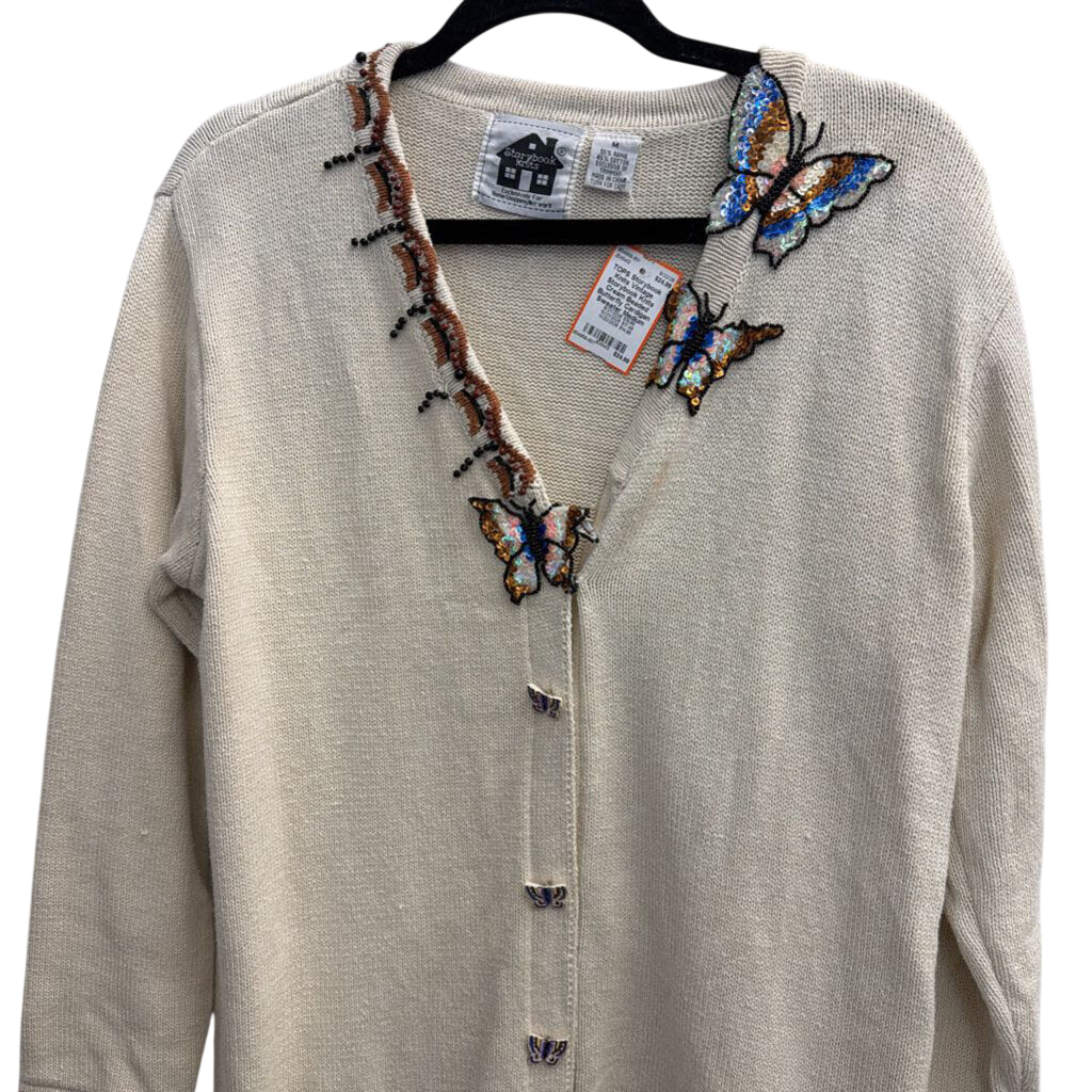 Vintage Storybook Knits Cream Beaded Butterfly Cardigan Sweater Medium