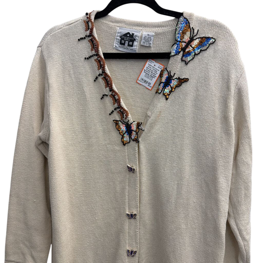 Vintage Storybook Knits Cream Beaded Butterfly Cardigan Sweater Medium