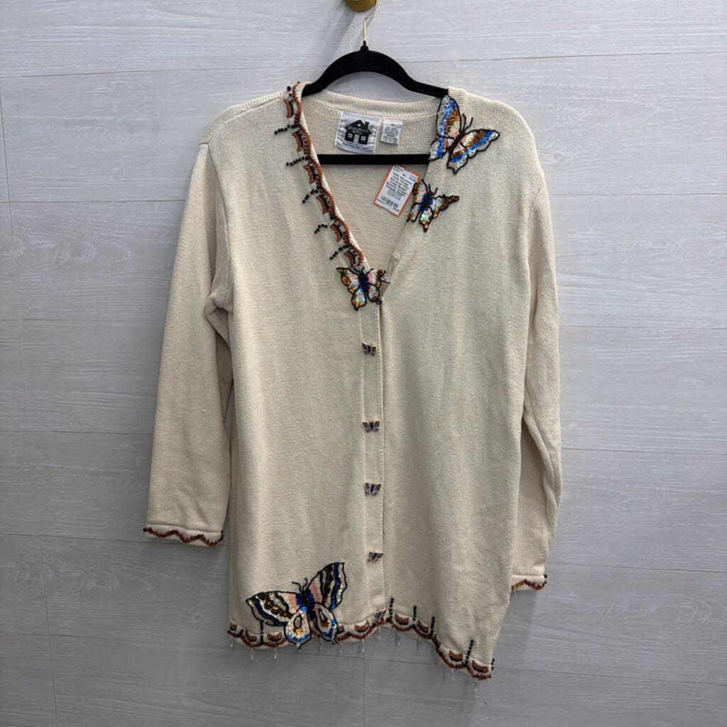Vintage Storybook Knits Cream Beaded Butterfly Cardigan Sweater Medium