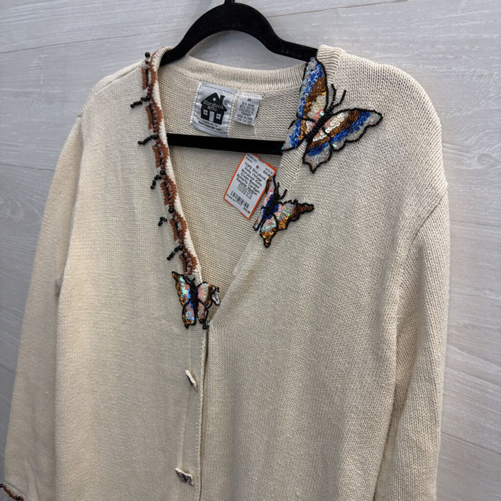 Vintage Storybook Knits Cream Beaded Butterfly Cardigan Sweater Medium