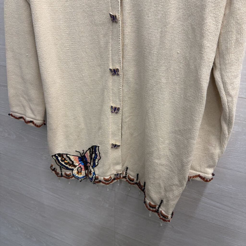 Vintage Storybook Knits Cream Beaded Butterfly Cardigan Sweater Medium