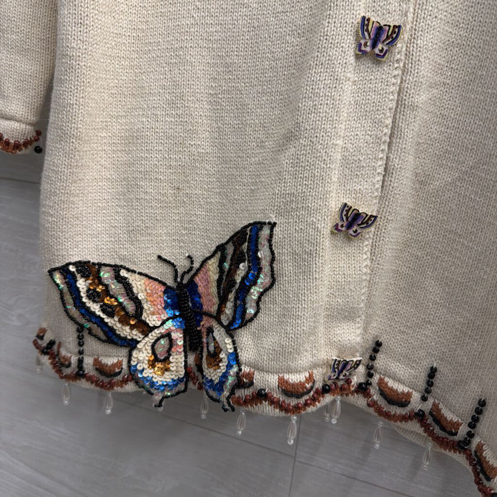 Vintage Storybook Knits Cream Beaded Butterfly Cardigan Sweater Medium