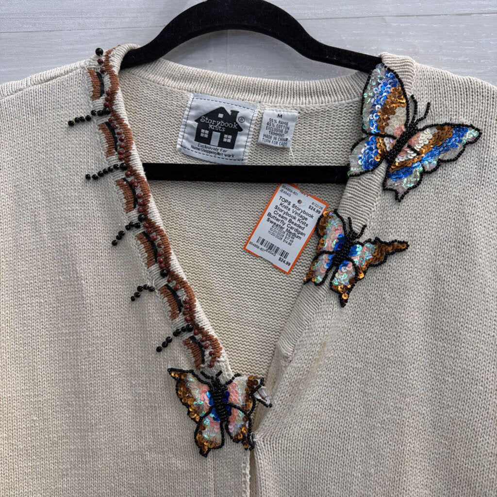 Vintage Storybook Knits Cream Beaded Butterfly Cardigan Sweater Medium