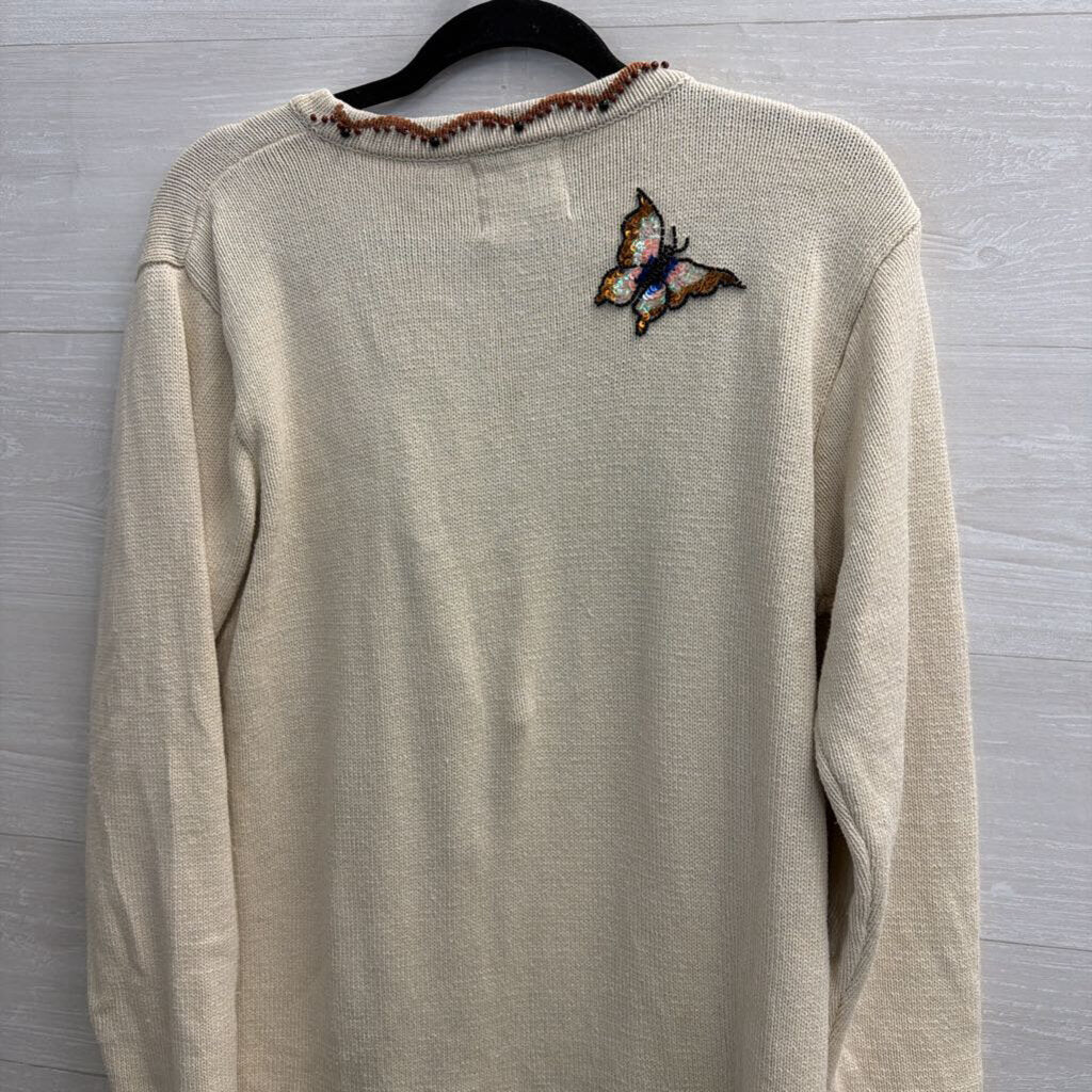Vintage Storybook Knits Cream Beaded Butterfly Cardigan Sweater Medium