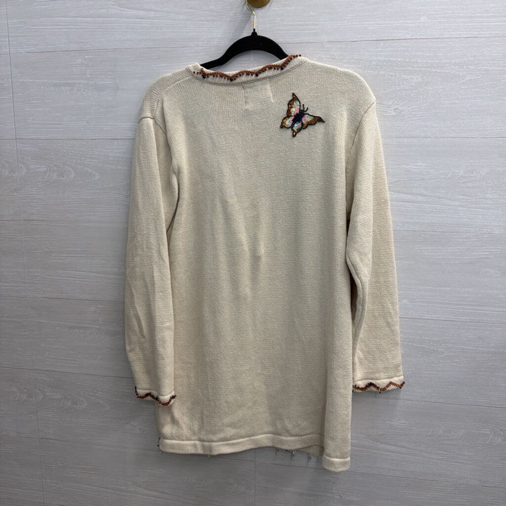 Vintage Storybook Knits Cream Beaded Butterfly Cardigan Sweater Medium