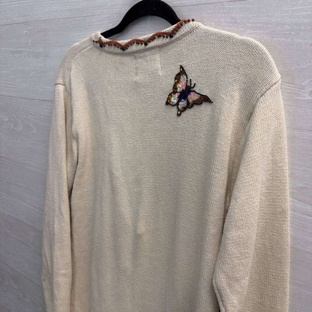 Vintage Storybook Knits Cream Beaded Butterfly Cardigan Sweater Medium