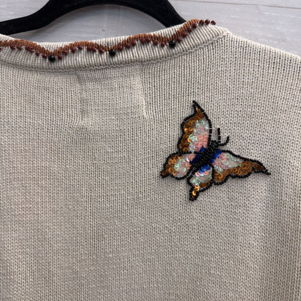 Vintage Storybook Knits Cream Beaded Butterfly Cardigan Sweater Medium