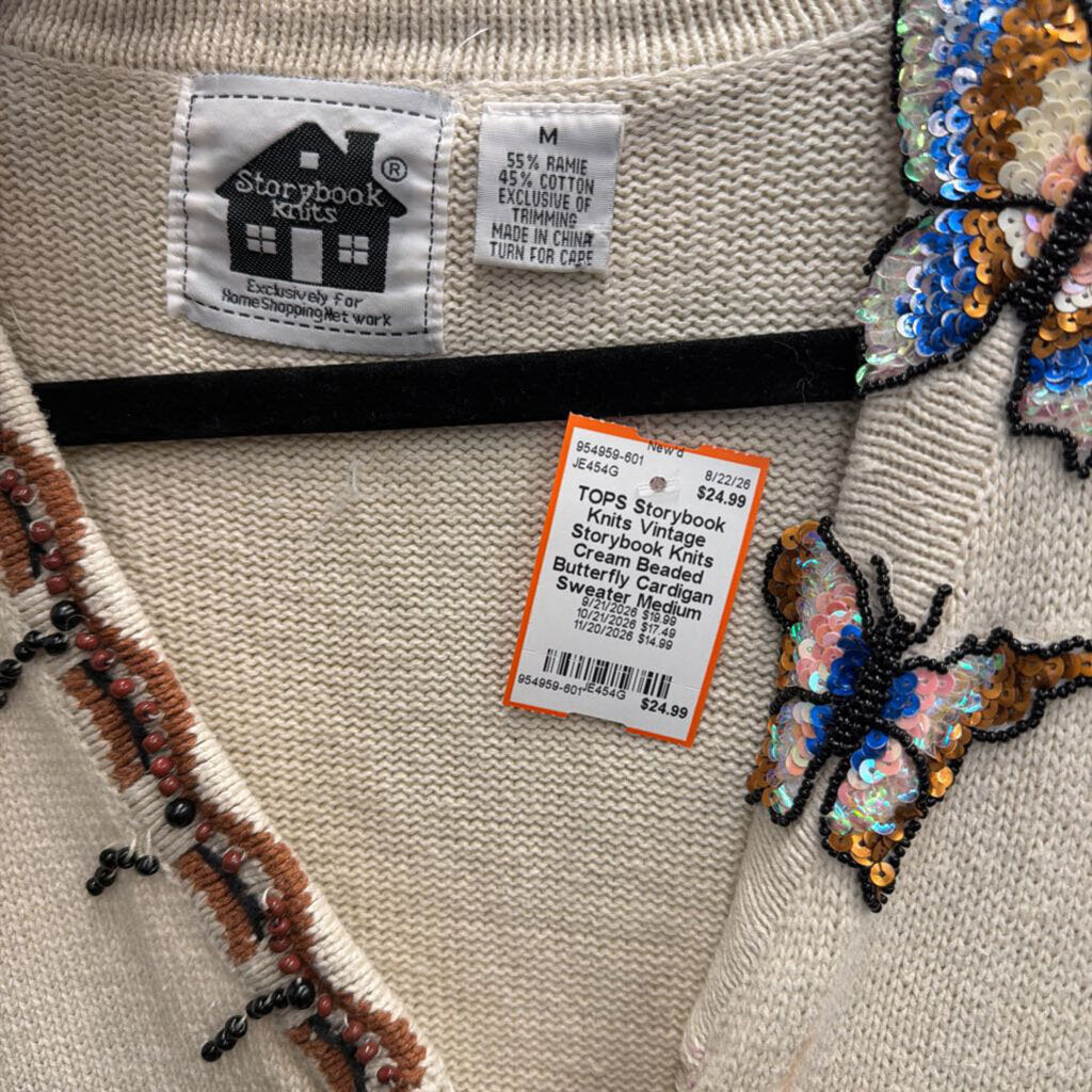 Vintage Storybook Knits Cream Beaded Butterfly Cardigan Sweater Medium