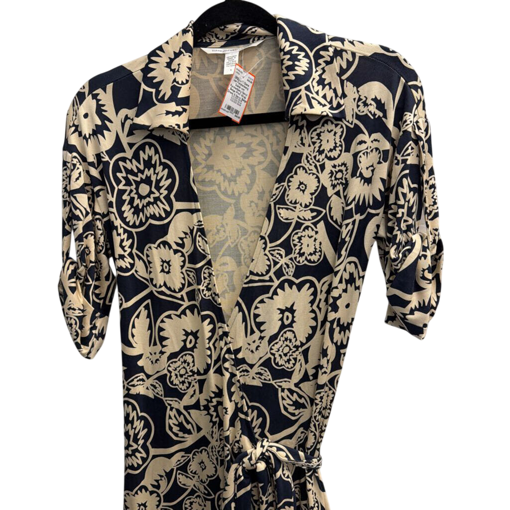 Diane von Furstenberg Navy/ Beige Print Wrap Dress 6