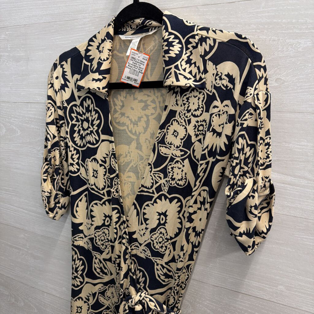 Diane von Furstenberg Navy/ Beige Print Wrap Dress 6
