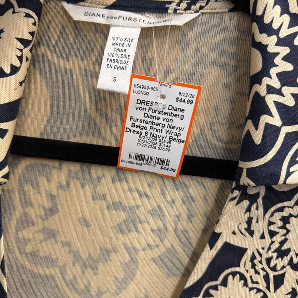 Diane von Furstenberg Navy/ Beige Print Wrap Dress 6