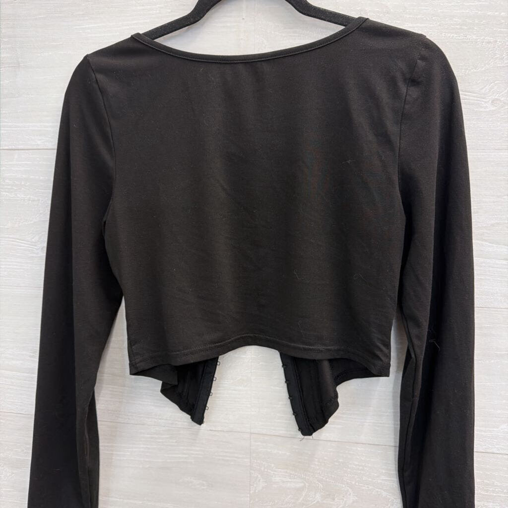 Black Cropped Hook and Eye Front Long Sleeve Top Medium