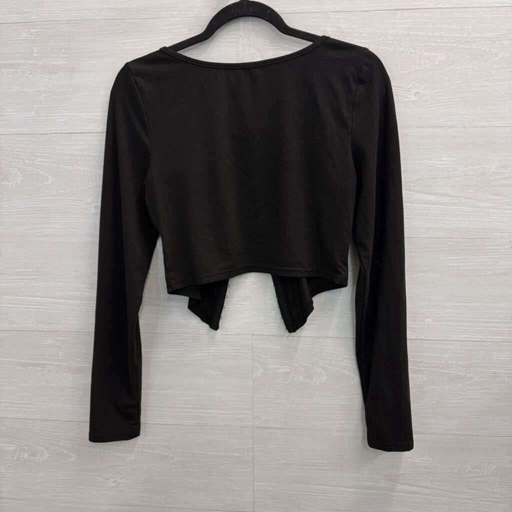 Black Cropped Hook and Eye Front Long Sleeve Top Medium