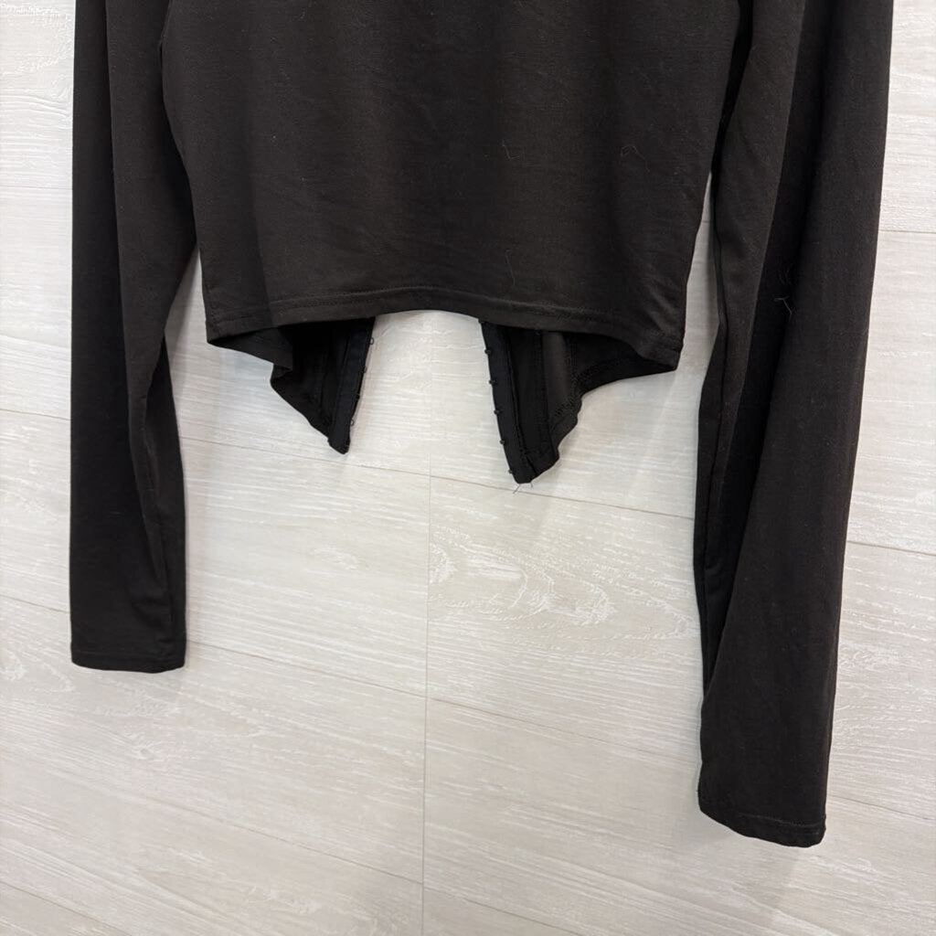 Black Cropped Hook and Eye Front Long Sleeve Top Medium