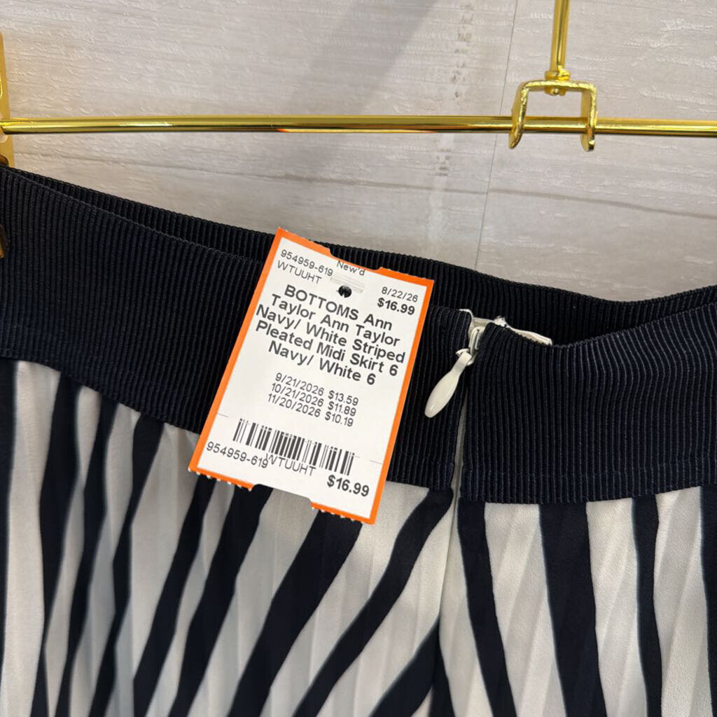 Ann Taylor Navy/ White Striped Pleated Midi Skirt 6