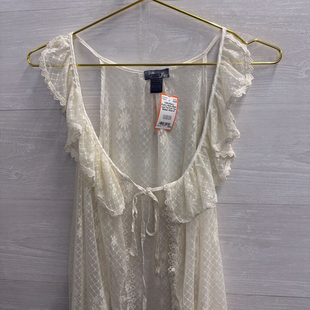 Poetry White Sheer Lace Tie Front Top Medium