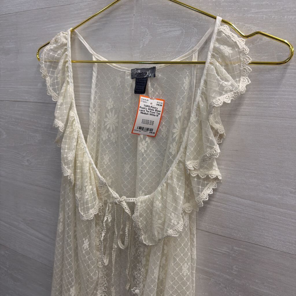 Poetry White Sheer Lace Tie Front Top Medium