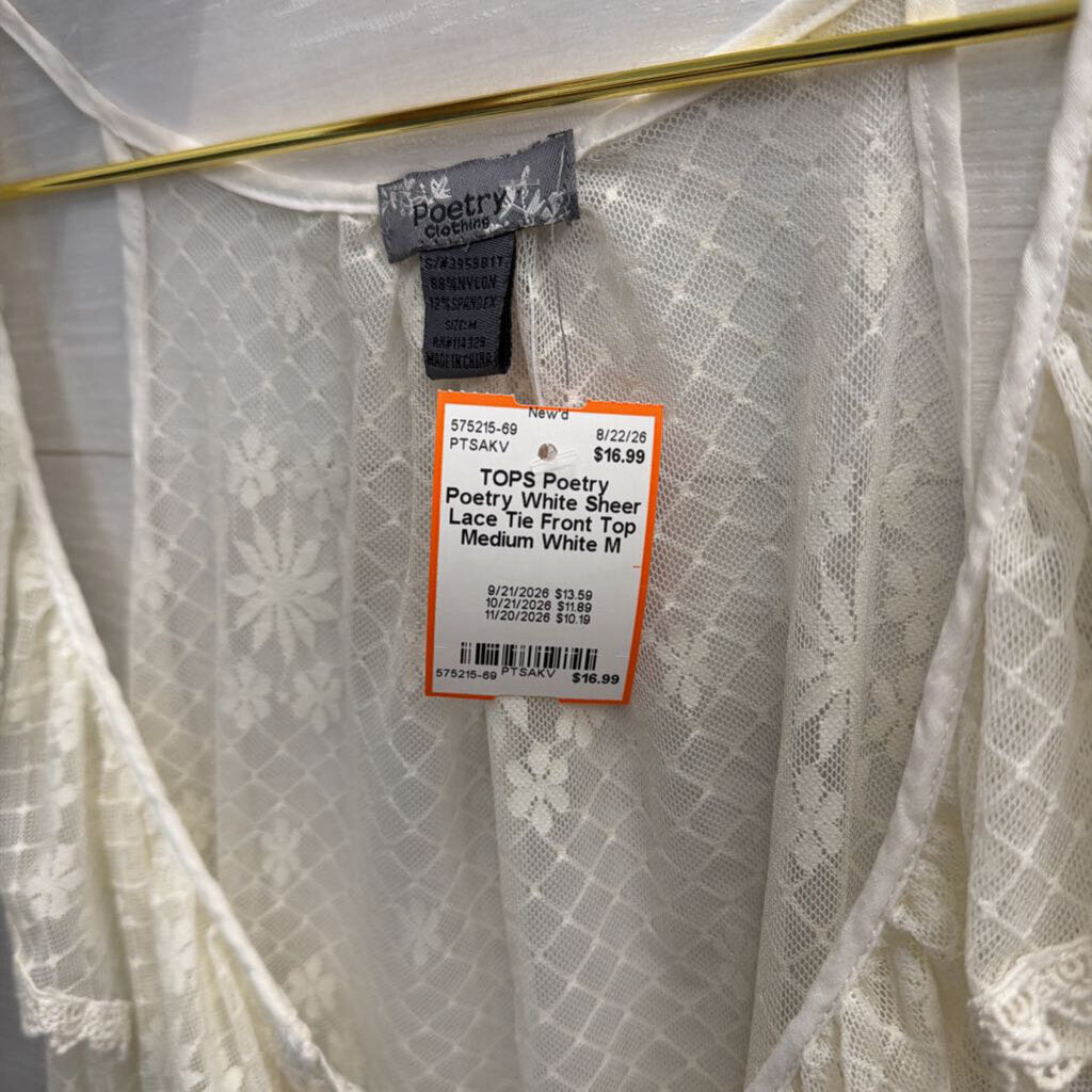 Poetry White Sheer Lace Tie Front Top Medium
