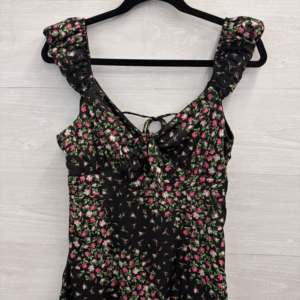 Francescas Black/ Pink Silky Floral Print Dress Medium