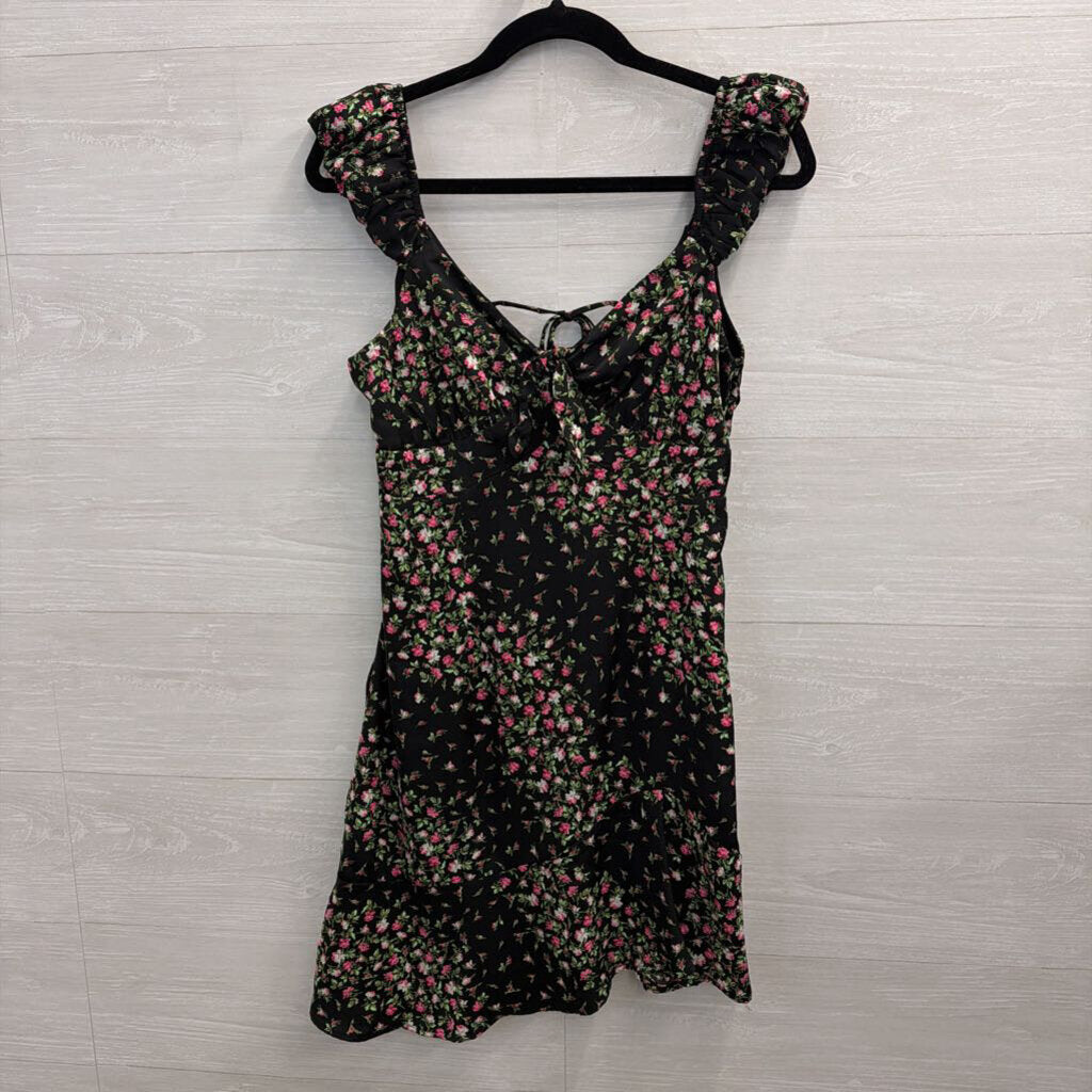 Francescas Black/ Pink Silky Floral Print Dress Medium