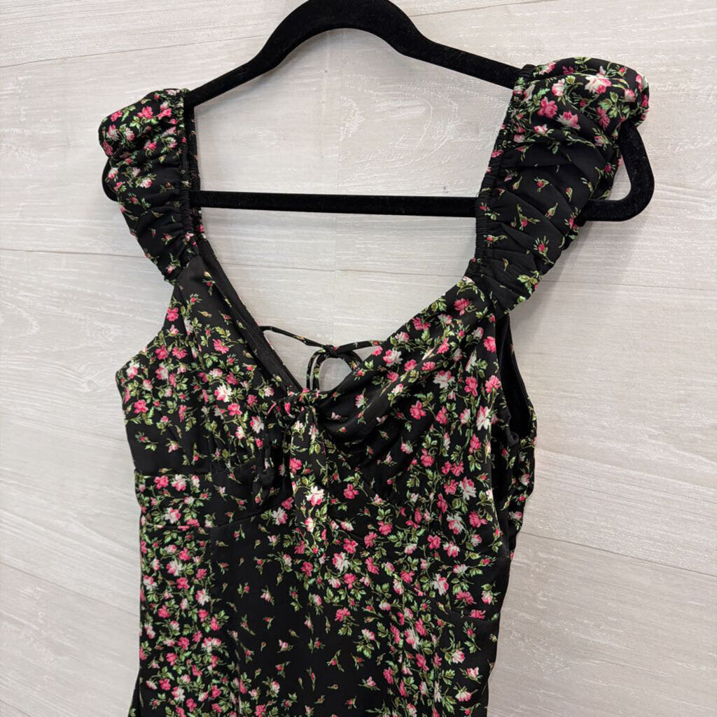 Francescas Black/ Pink Silky Floral Print Dress Medium