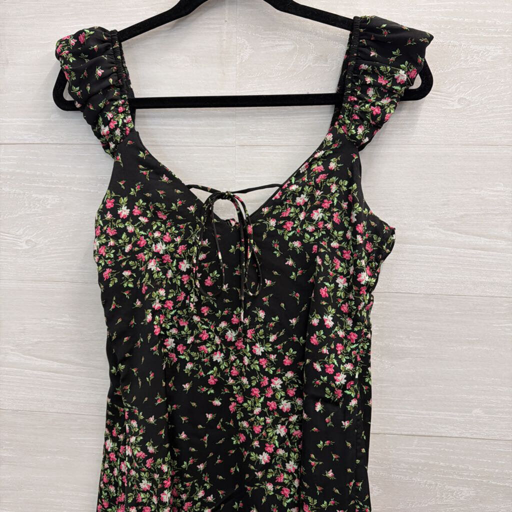 Francescas Black/ Pink Silky Floral Print Dress Medium