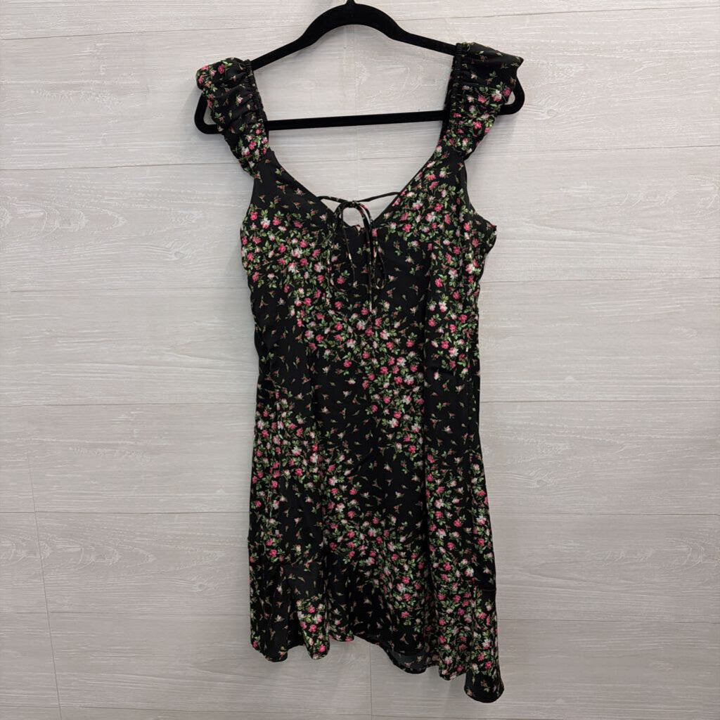 Francescas Black/ Pink Silky Floral Print Dress Medium