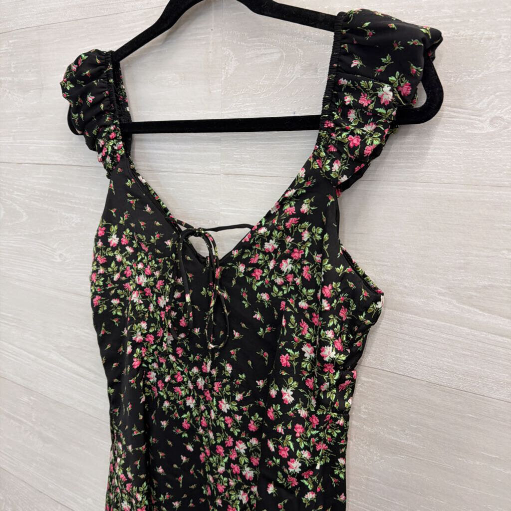 Francescas Black/ Pink Silky Floral Print Dress Medium