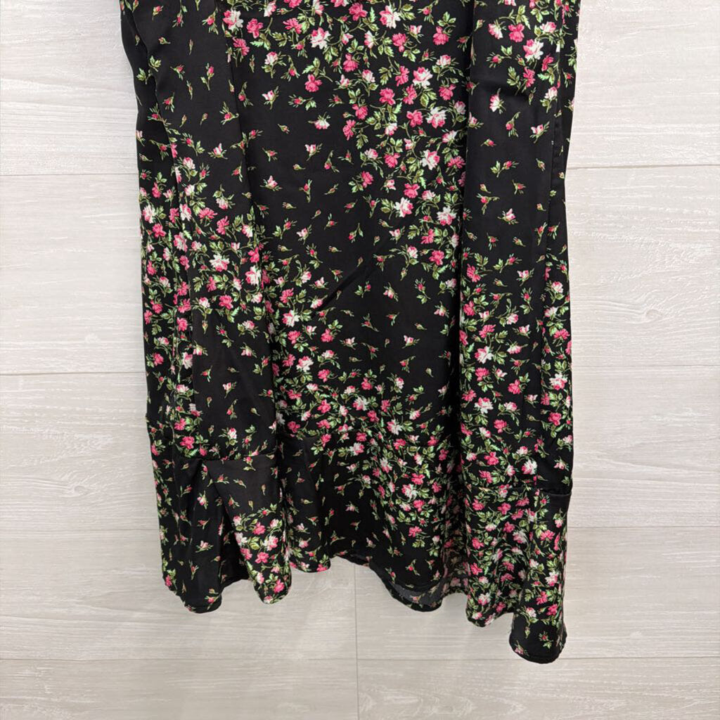 Francescas Black/ Pink Silky Floral Print Dress Medium