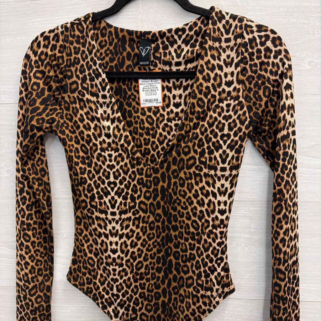 Windsor Brown/ Black Leopard Print Long Sleeve Bodysuit Small