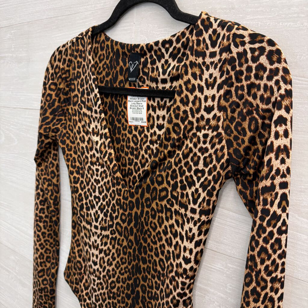 Windsor Brown/ Black Leopard Print Long Sleeve Bodysuit Small