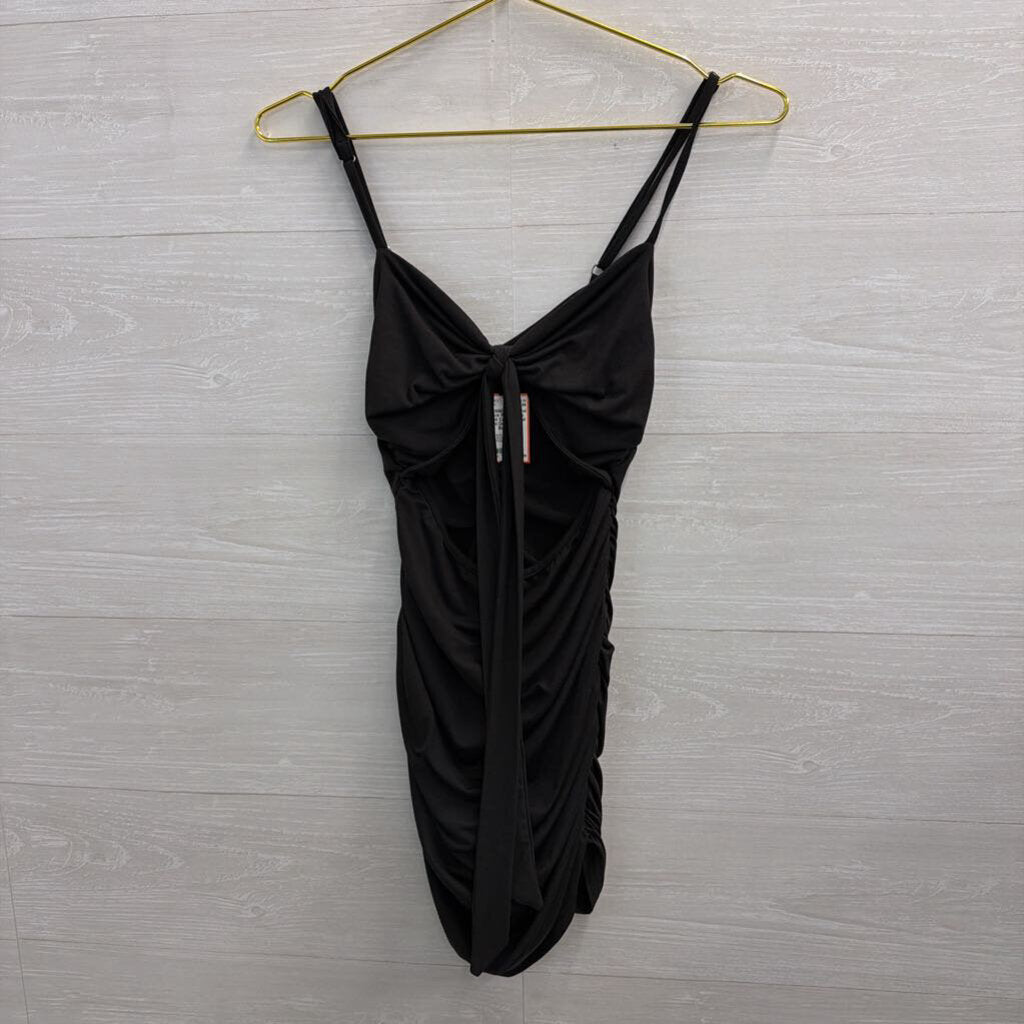 Black Ruched Tie Front Cutout Detail Mini Dress Small