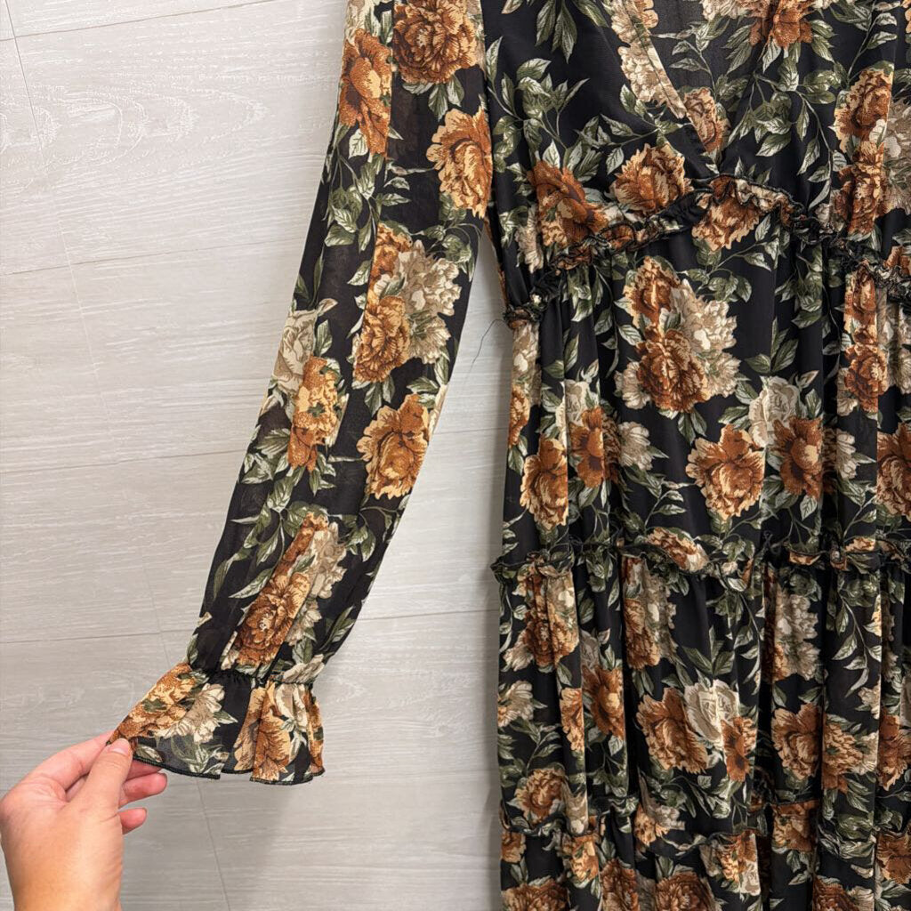 ee some Black/ Brown Floral Print Long Sleeve Maxi Dress Small