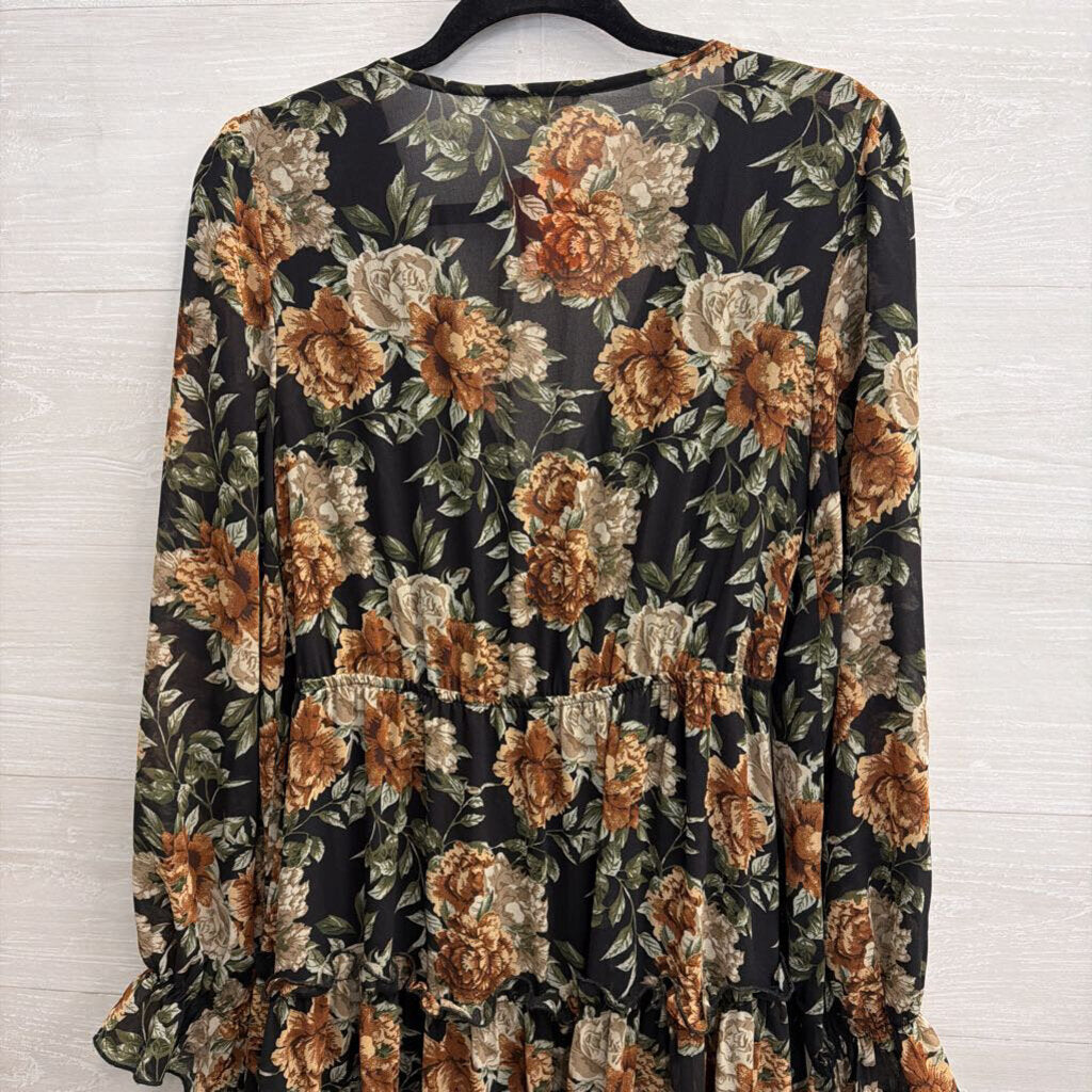 ee some Black/ Brown Floral Print Long Sleeve Maxi Dress Small