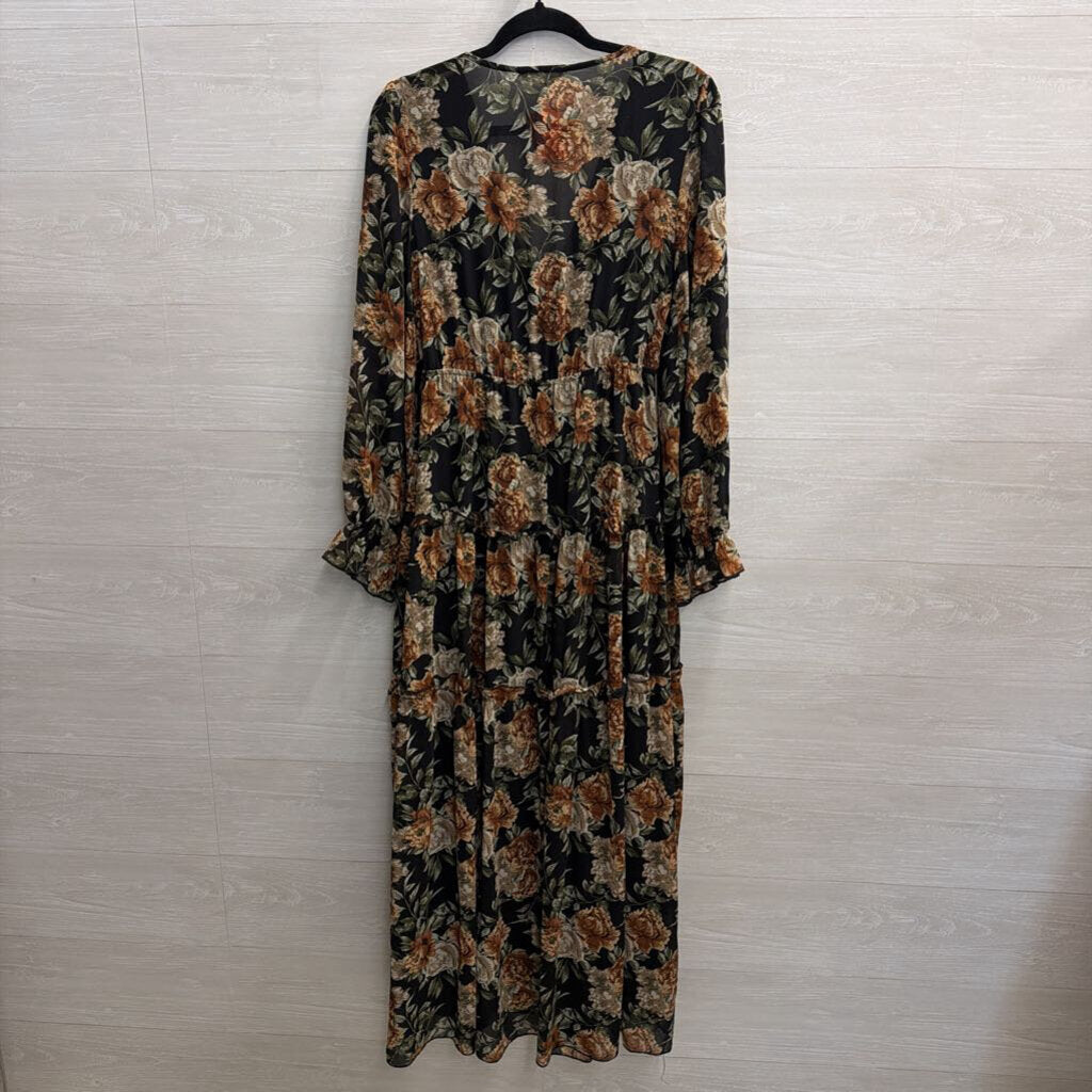 ee some Black/ Brown Floral Print Long Sleeve Maxi Dress Small