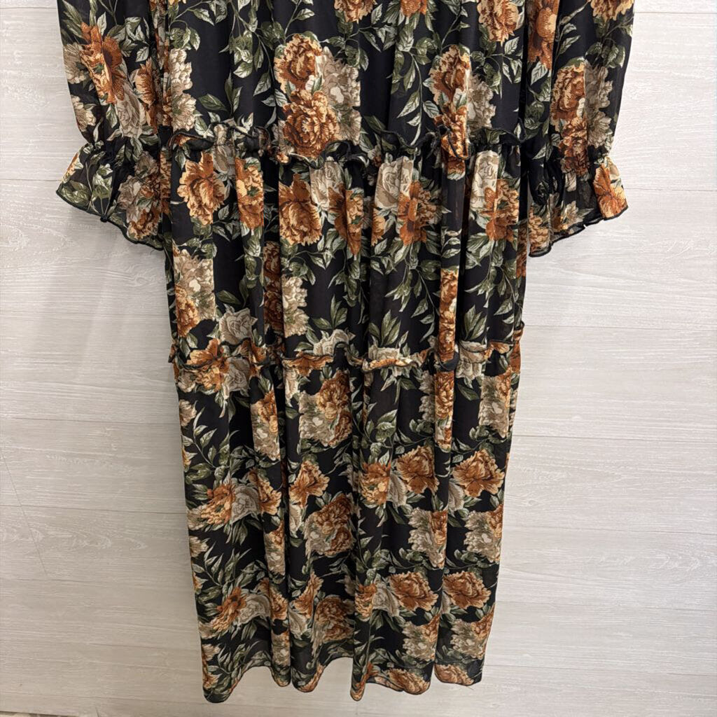 ee some Black/ Brown Floral Print Long Sleeve Maxi Dress Small