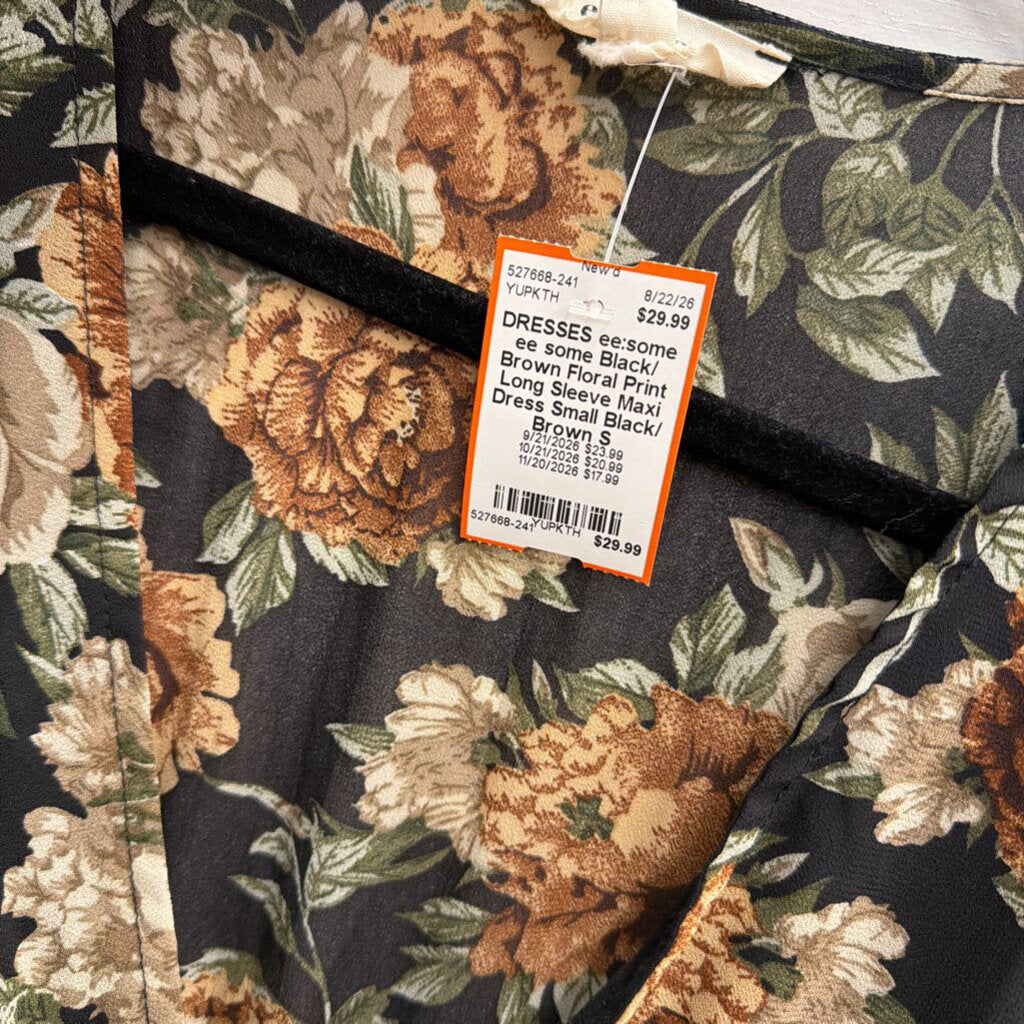 ee some Black/ Brown Floral Print Long Sleeve Maxi Dress Small