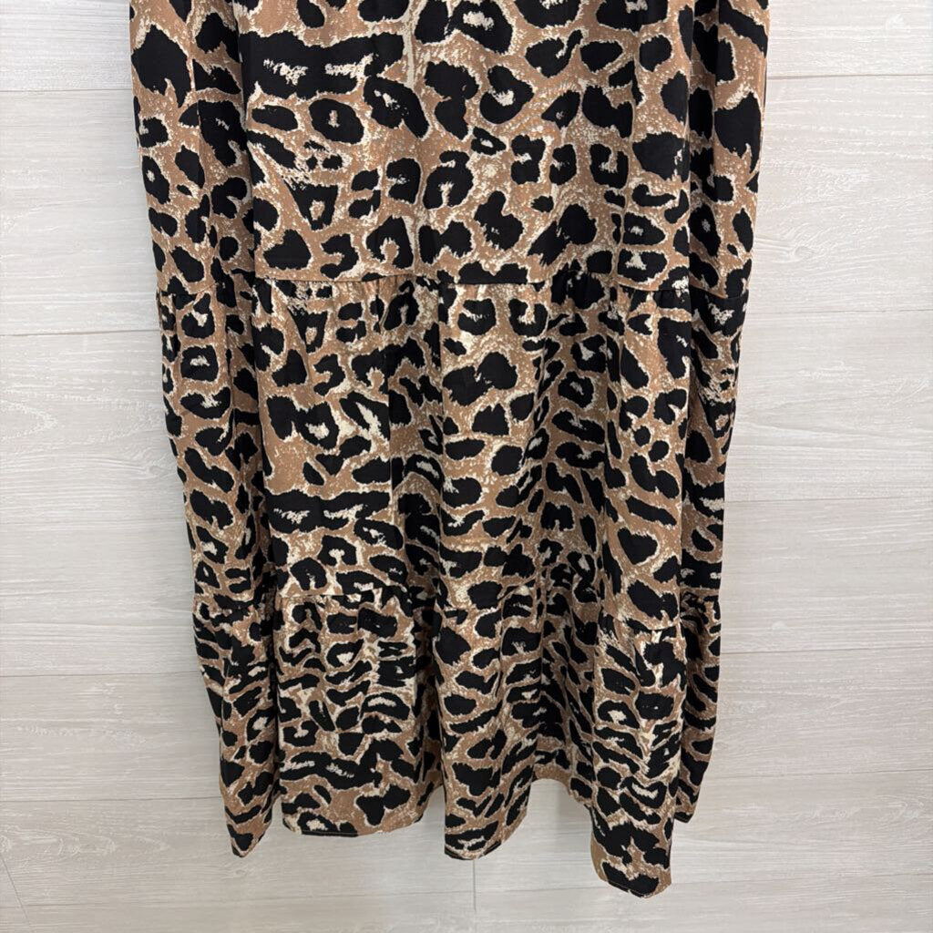 Jodifl Brown/ Black Leopard Print Short Sleeve Midi Dress Medium