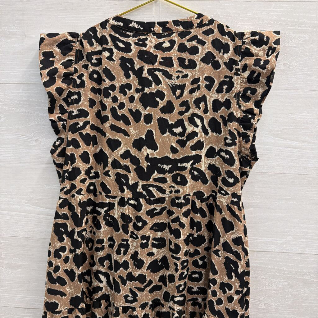 Jodifl Brown/ Black Leopard Print Short Sleeve Midi Dress Medium