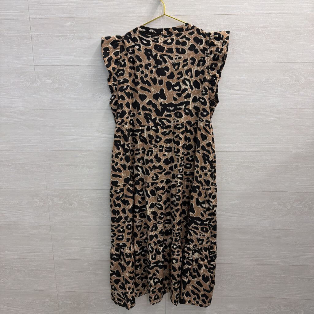 Jodifl Brown/ Black Leopard Print Short Sleeve Midi Dress Medium