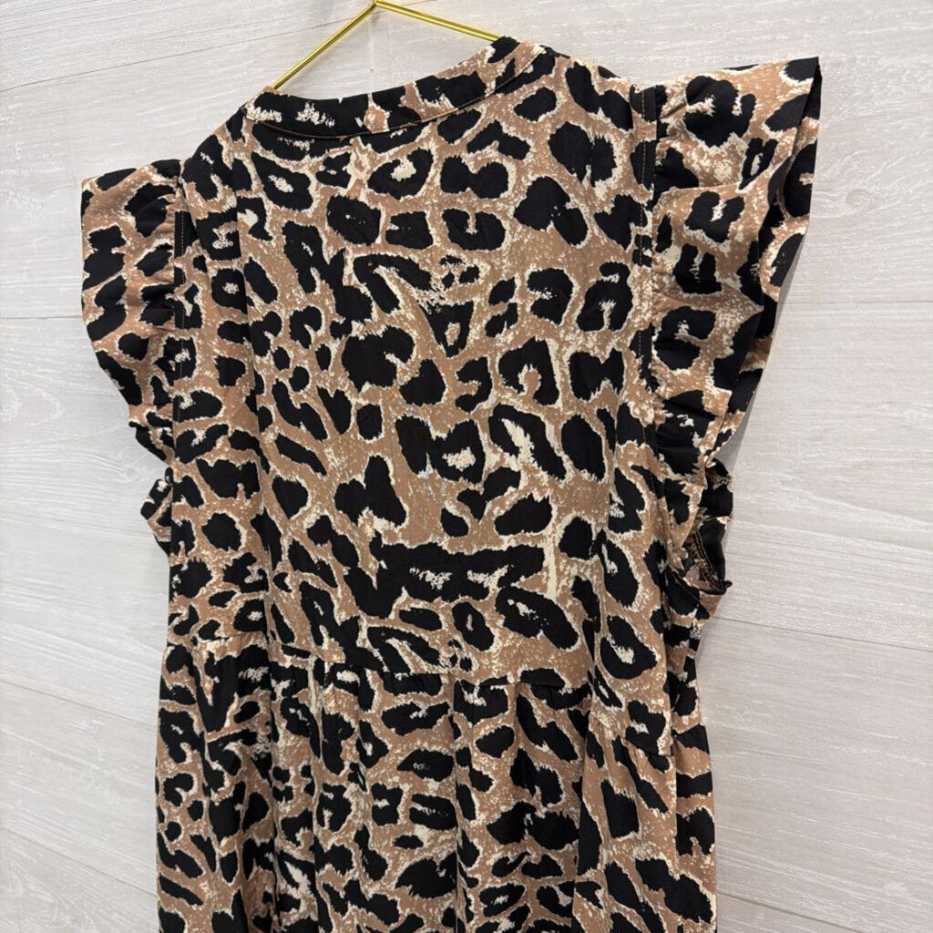 Jodifl Brown/ Black Leopard Print Short Sleeve Midi Dress Medium