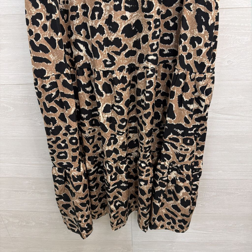 Jodifl Brown/ Black Leopard Print Short Sleeve Midi Dress Medium